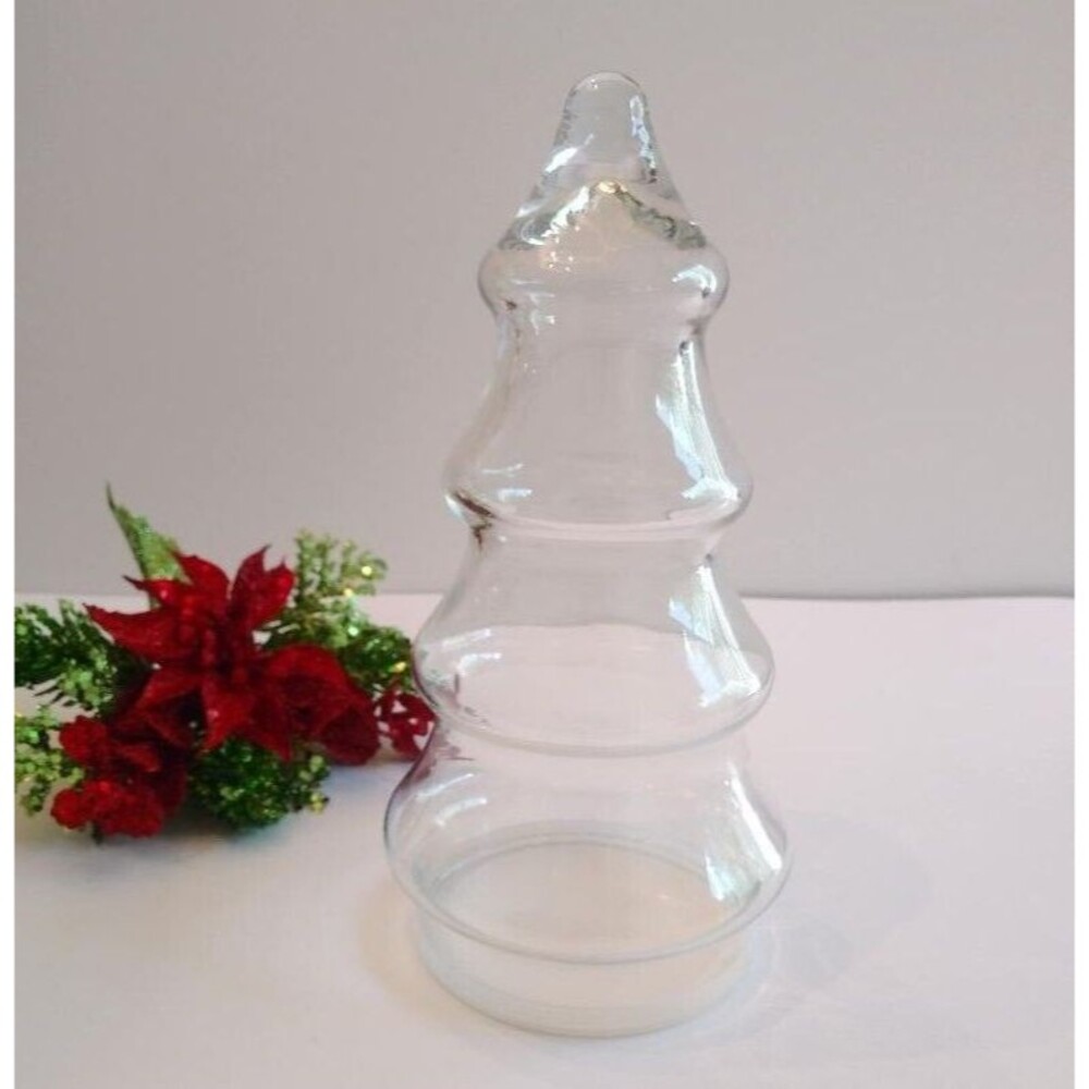 Vintage Clear Glass Christmas Tree Apothecary Jar Plastic Lid Base